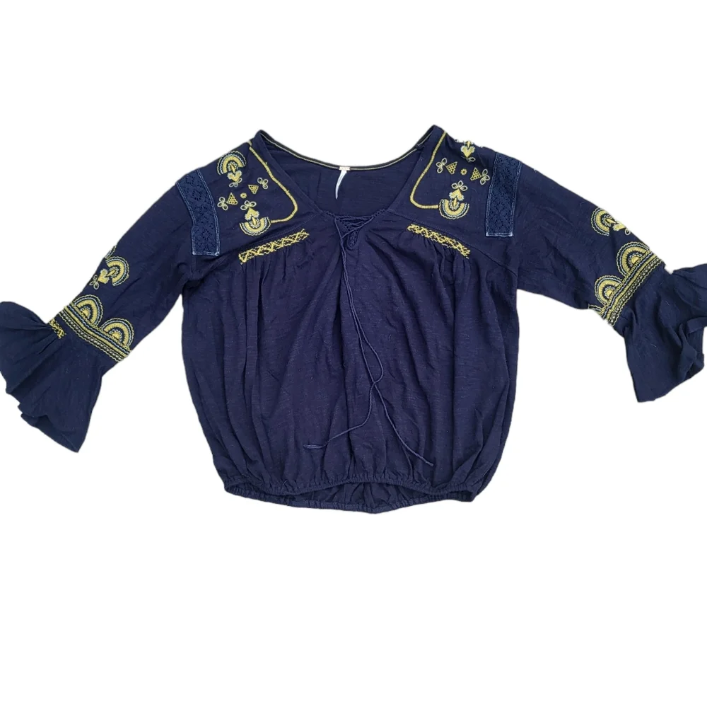 Free People Navy Blue And Yellow Boho Embroidered Flair Sleeve Top Size Medium